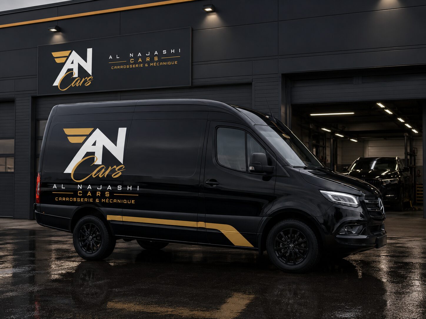 Utilitaire aux couleurs Al Najashi Cars devant le garage